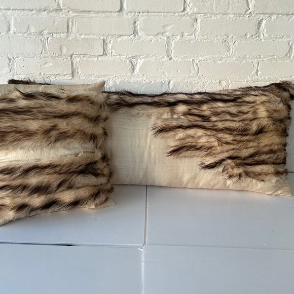 Handmade Raw Silk Pillows with Real Fur Accent Set of Two - Picture 3 of 4